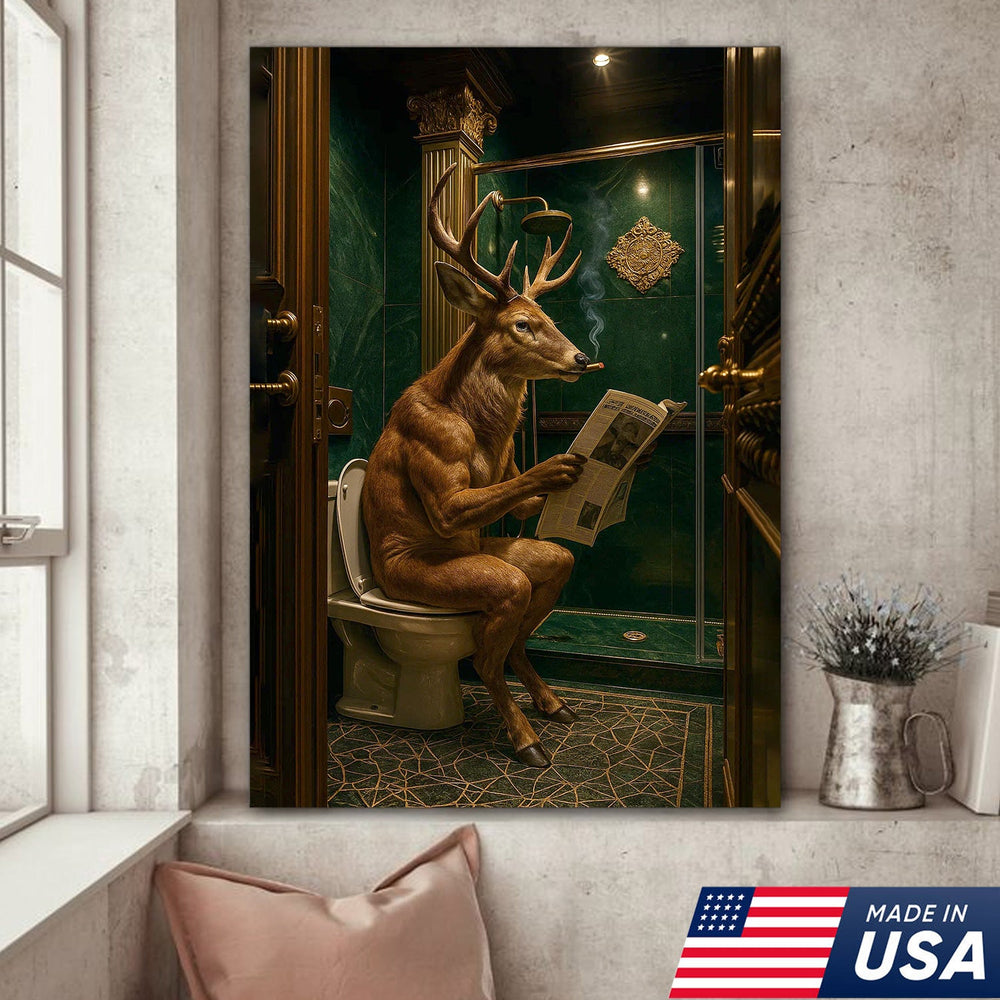Funny Deer Canvas Wall Art - Anthropomorphic Deer Reading Newspaper in Bathroom