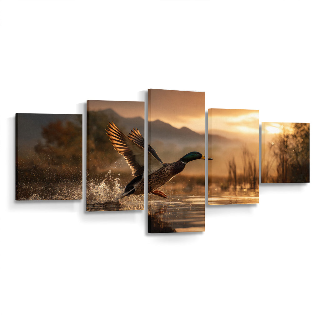 Flying Mallard at Dawn Canvas Wall Art Print for Hunters - Stunning 5-Panel Duck Canvas