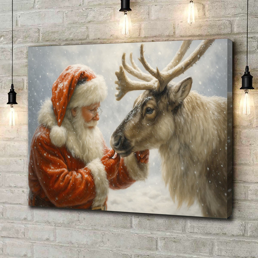Santa with Reindeer Canvas Wall Art, Tender Snowy Christmas Scene Picture