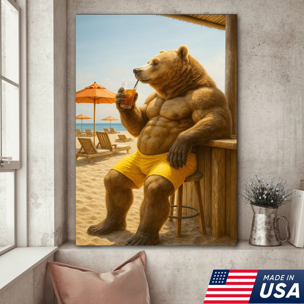 Funny Beach Bear Canvas Wall Art, Summer Vacation Animal Artwork