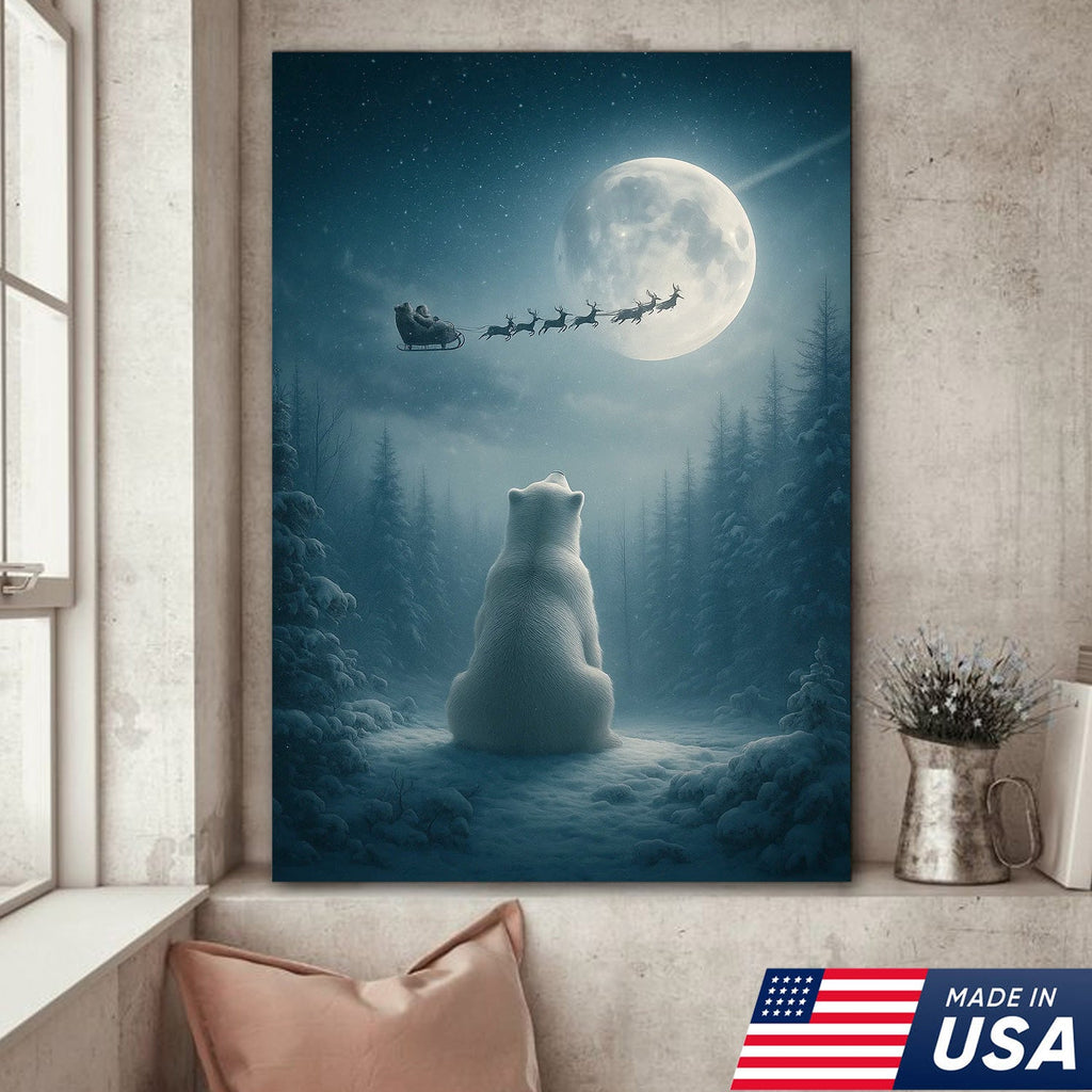 Christmas Polar Bear Santa Sleigh Wall Art Canvas, Winter Night Forest Moon Decor