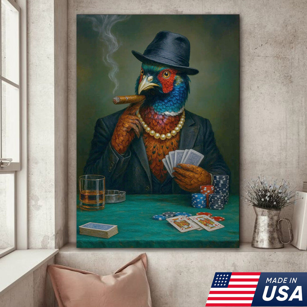 Funny Pheasant Poker Player Canvas Wall Art, Colorful Bird in Suit Casino Decor