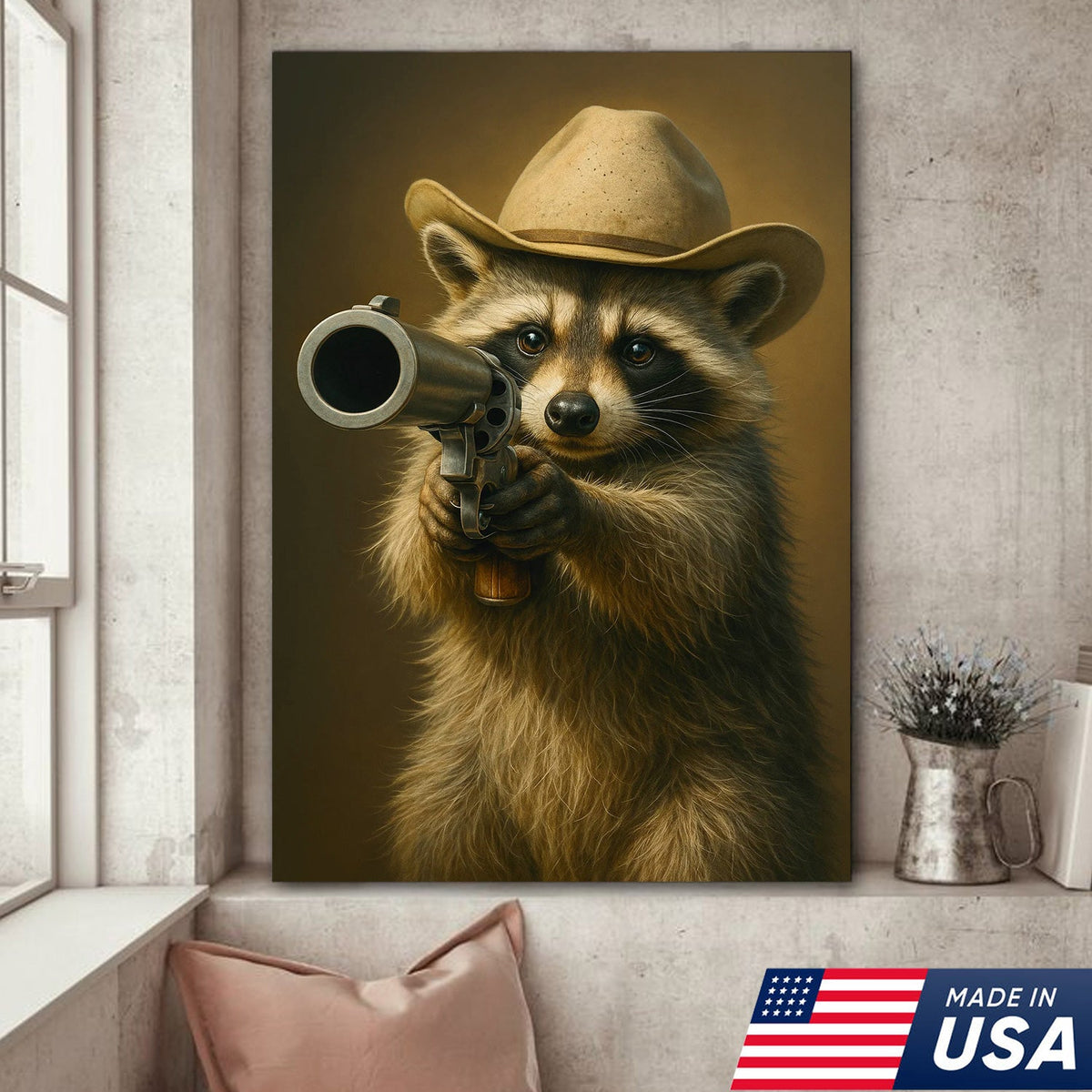 Cowboy Raccoon with Revolver Canvas Wall Art, Funny Western Critter Decor
