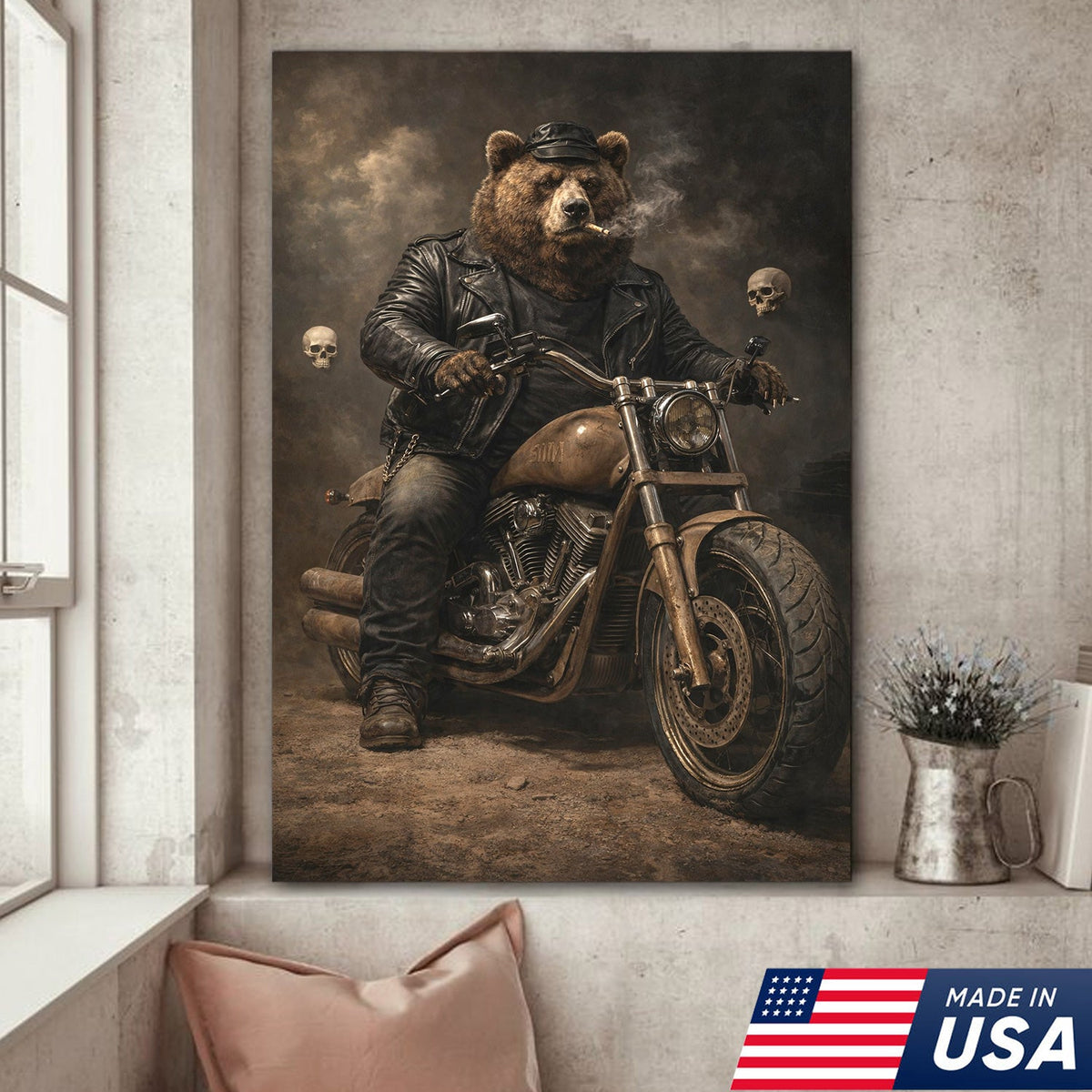 Bear Motorcycle Canvas Print Biker Animal Wall Art Man Cave Decor Gift