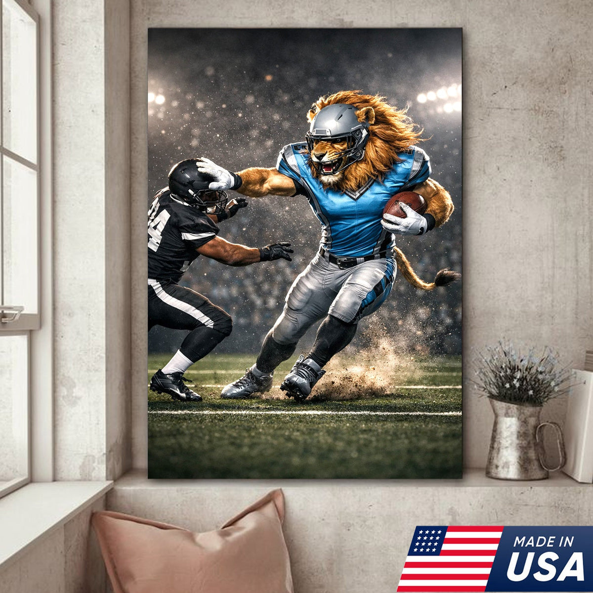 Fearless Lion Football Canvas Wall Art – Powerful Big Cat Athlete Stadium Action Print