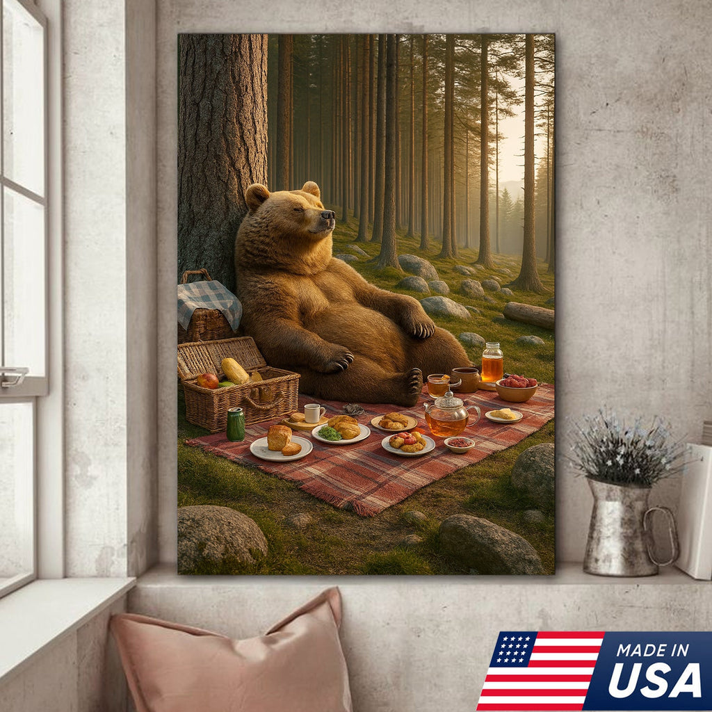 Bear Picnic Forest Wall Art Canvas – Relaxing Woodland Bear Canvas Print for Kitchen Cabin Decor