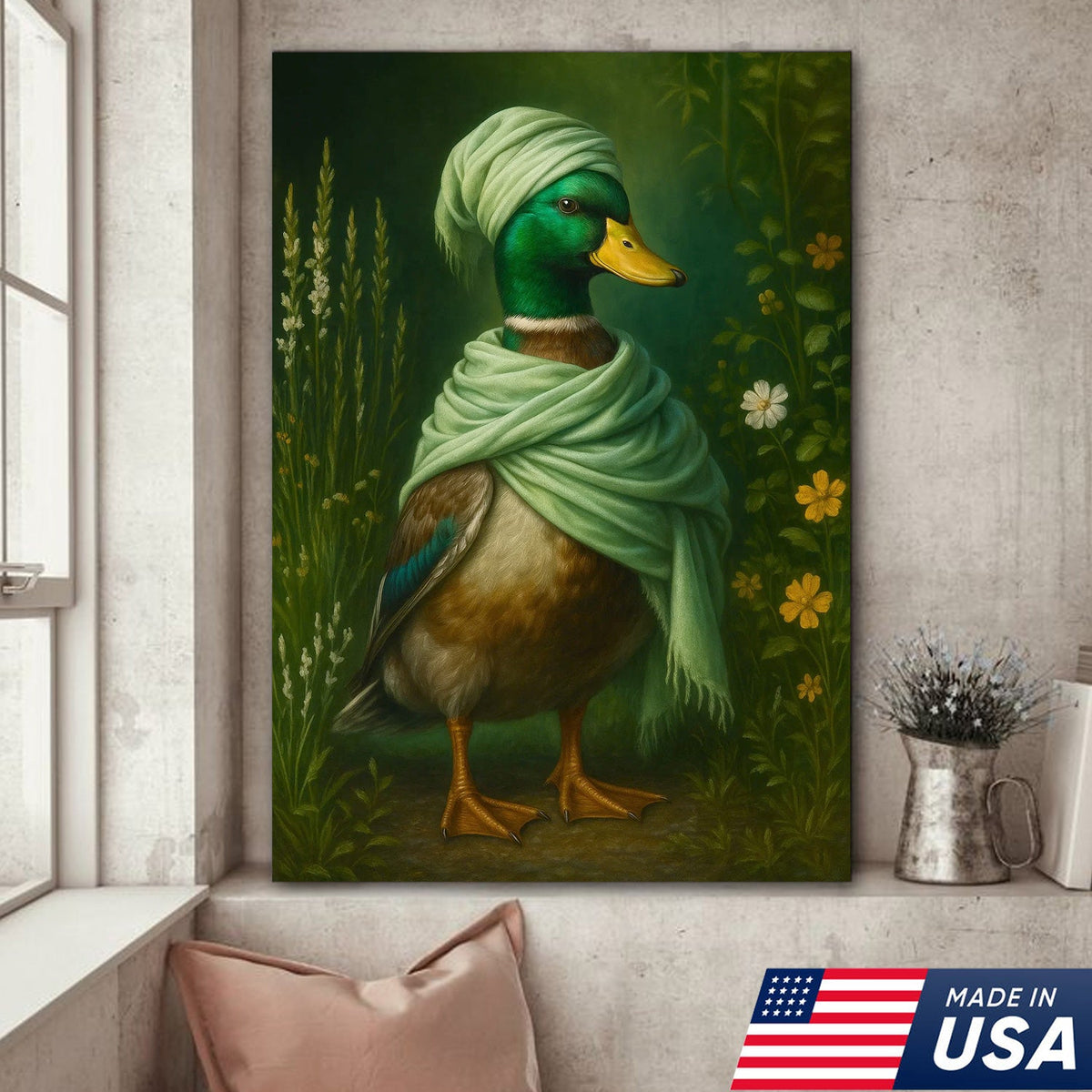 Duck in Green Scarf Canvas Wall Art, Whimsical Animal Portrait, Cottagecore Farmhouse Decor