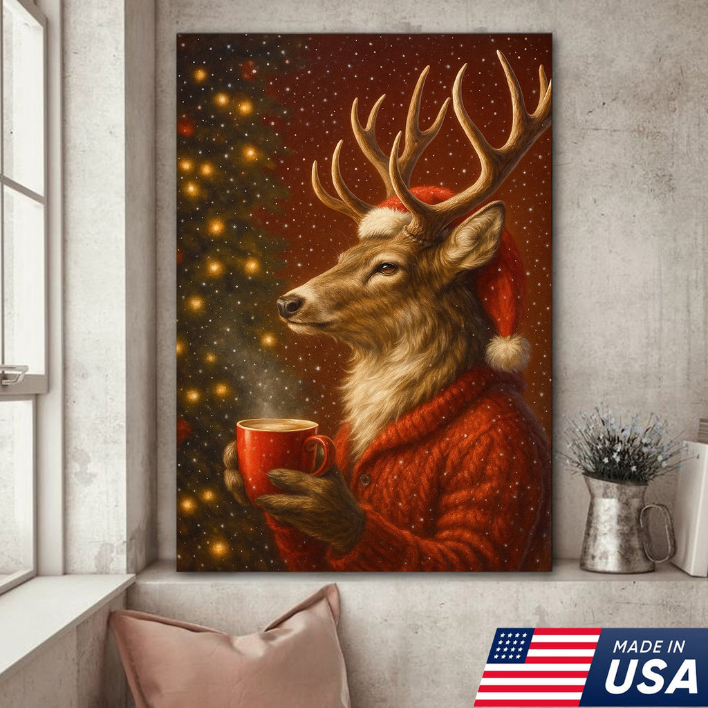 Christmas Deer Drink Coffee In Cozy Sweater Canvas Wall Art - Holiday Cabin Decor