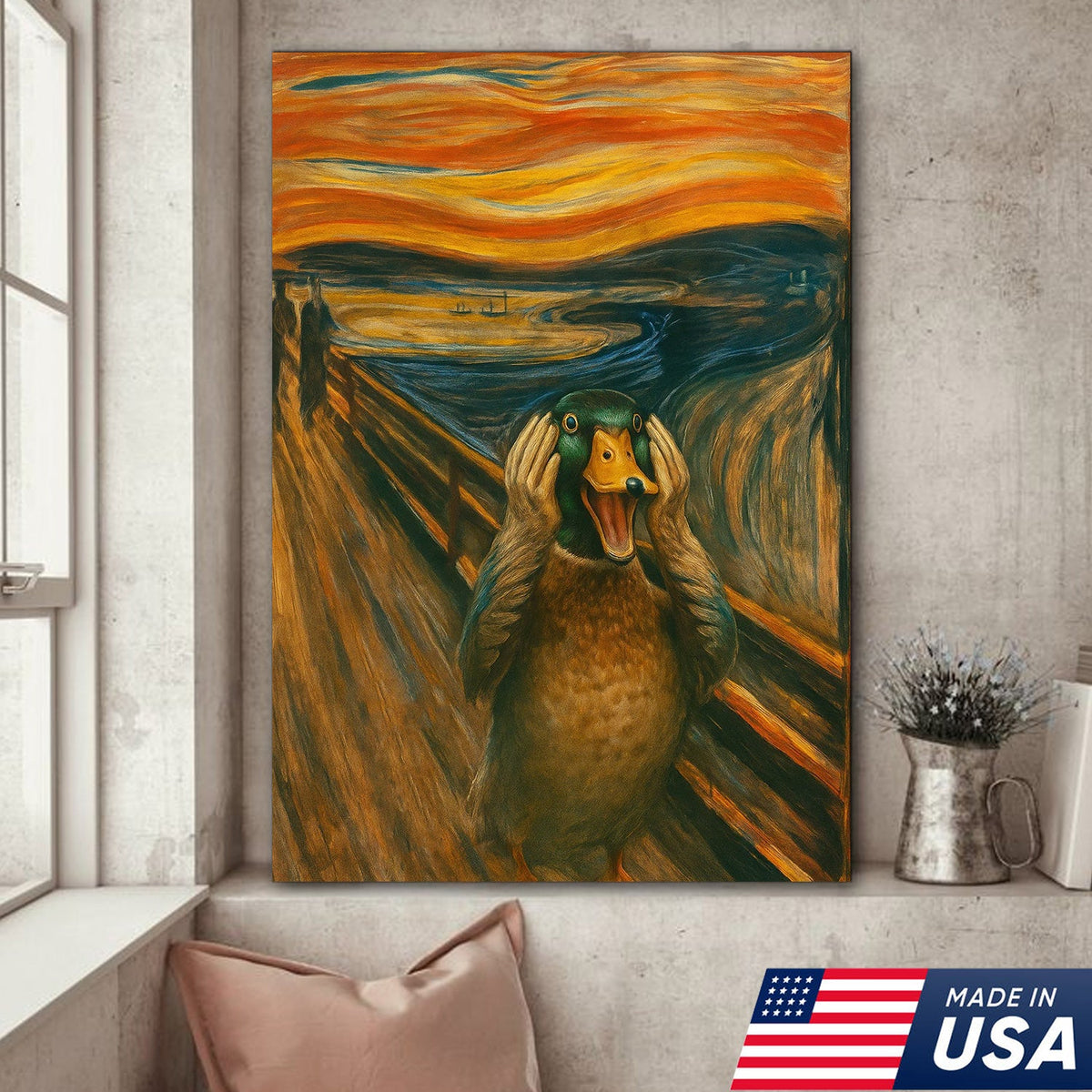 Funny Duck Scream Canvas Wall Art, Parody Edvard Munch Painting Print