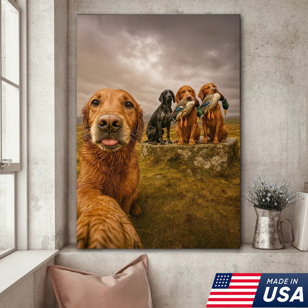 Hunting Dogs Selfie Canvas Art – Funny Retriever Group Photo with Ducks
