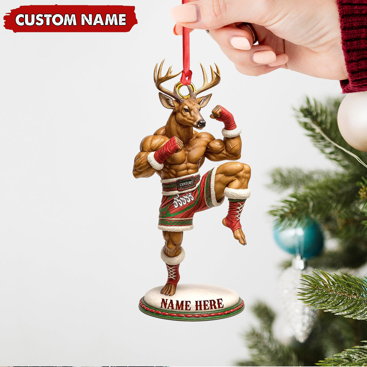 Custom Name Muay Thai Deer Ornament, Funny Boxing Deer Christmas Decoration