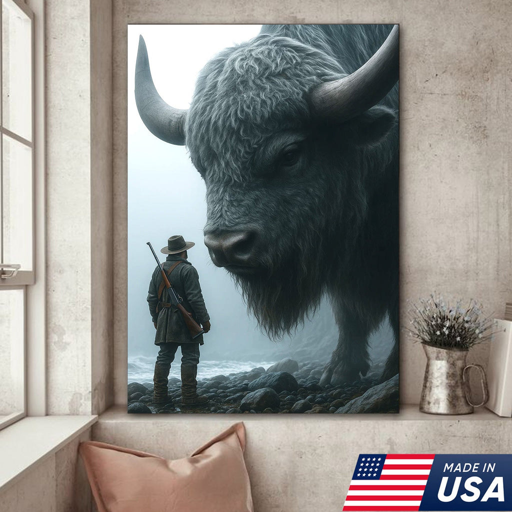 Giant Bison and Cowboy Wall Art Canvas, Western Hunter Standing by Buffalo Print