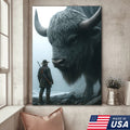 Giant Bison and Cowboy Wall Art Canvas, Western Hunter Standing by Buffalo Print