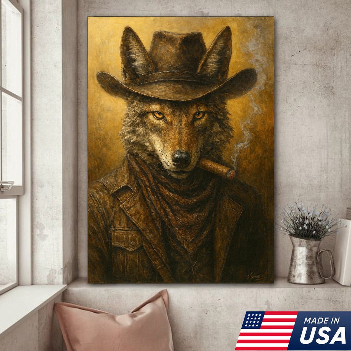 Coyote Cowboy Canvas Wall Art – Rustic Western Outlaw Painting for Lodge, Bar, Hunters