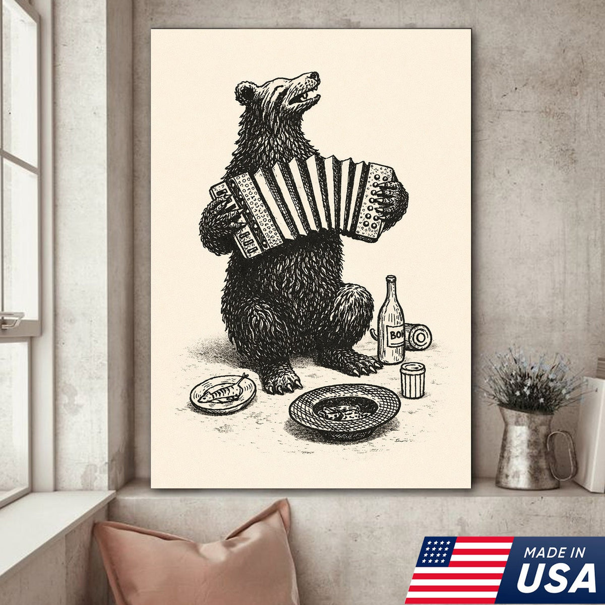 Accordion Playing Bear Illustration Canvas – Vintage Folk Wall Art with Rustic Charm