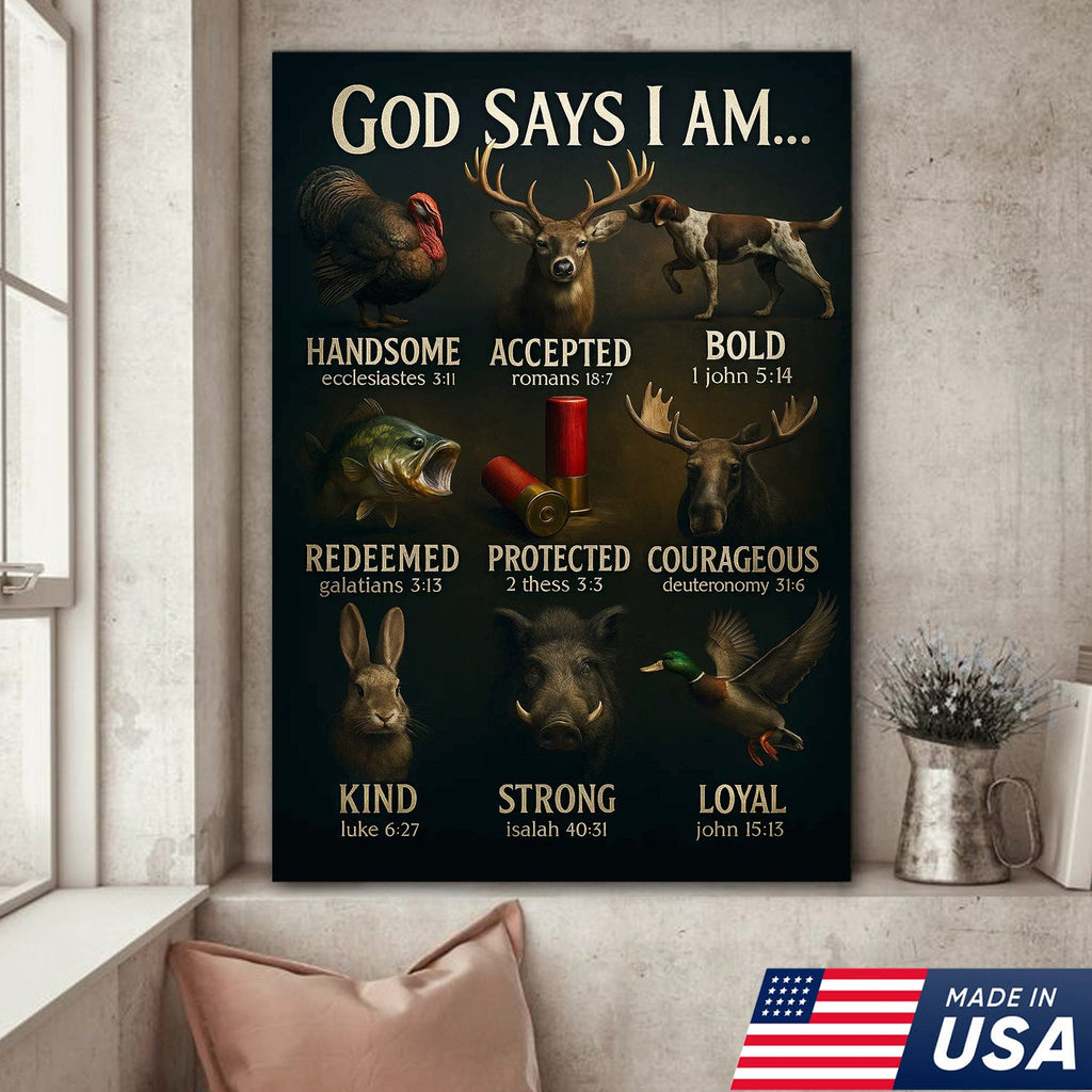 God Says I Am Hunting Canvas, Christian Wildlife Wall Art with Deer, Turkey, Duck, and Moose