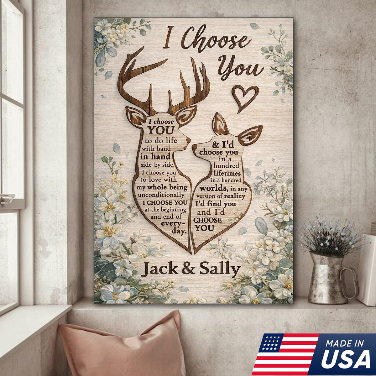 Personalized I Choose You Deer Canvas Wall Art, Custom Couple Love Quote Artwork