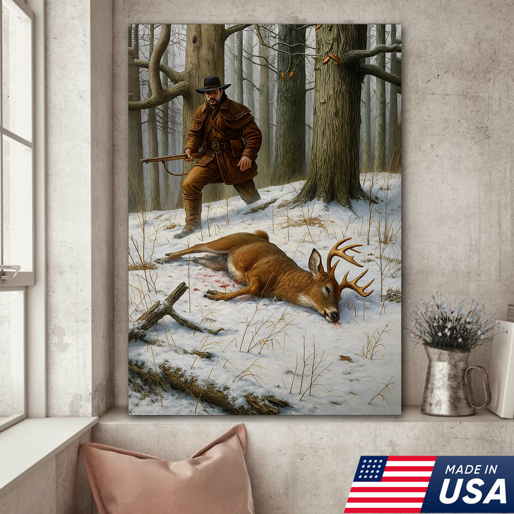 Deer Hunting Canvas Wall Art – Rustic Winter Forest Scene, Hunter with Rifle and Buck