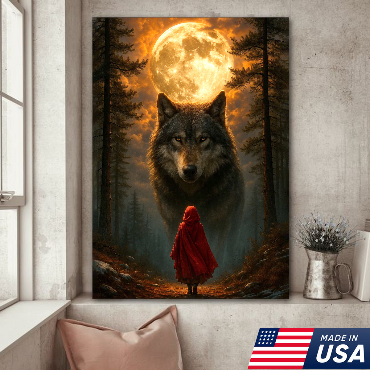 Wolf and Little Red Riding Hood Canvas Wall Art – Fantasy Moonlit Forest Scene