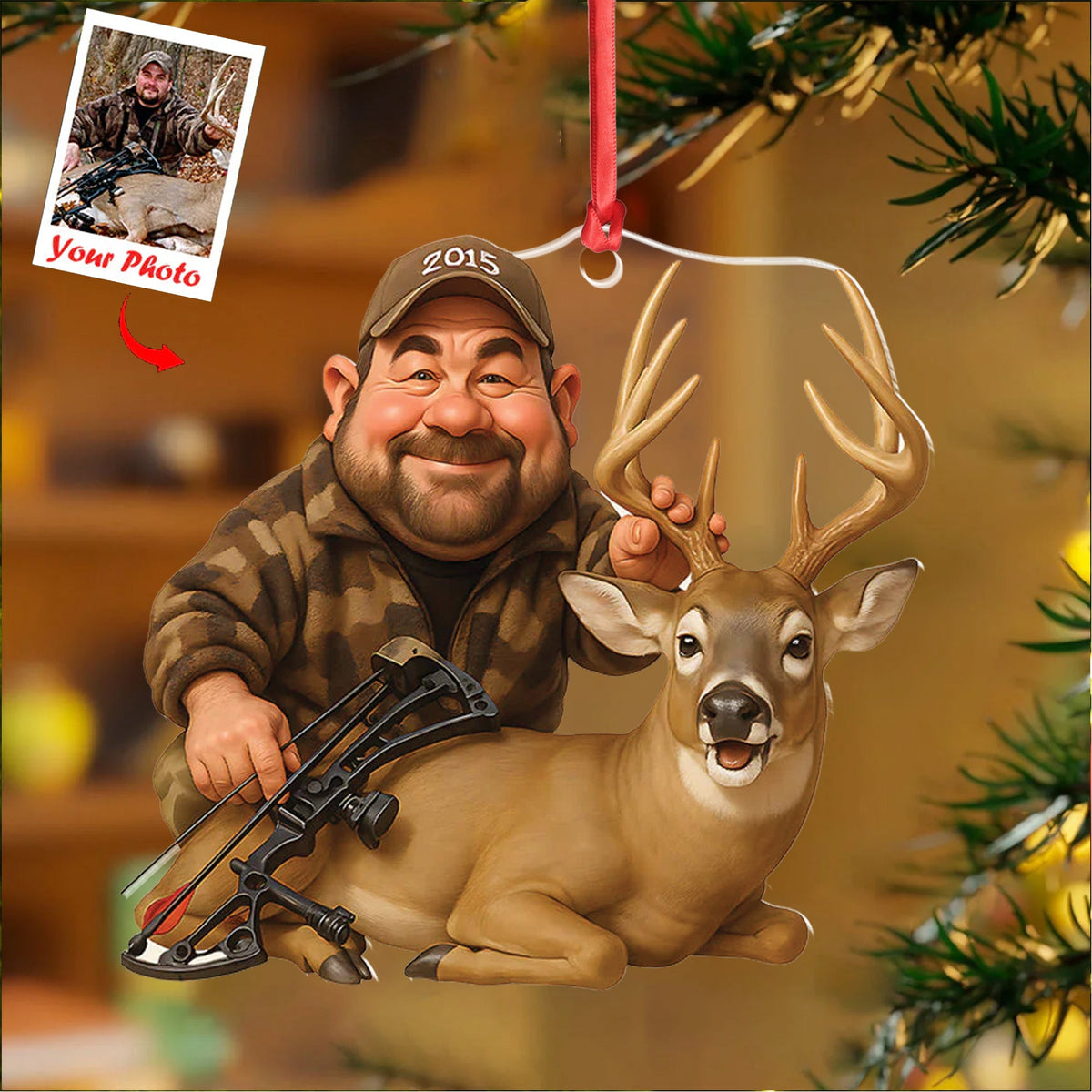 Personalized Hunting Acrylic Christmas Ornament – Custom Photo Caricature Gift For Hunters