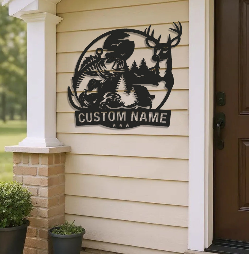 Personalized Deer and Fish Hunting Metal Sign WITH LED/WITHOUT LED, Rustic Cabin Wall Decor