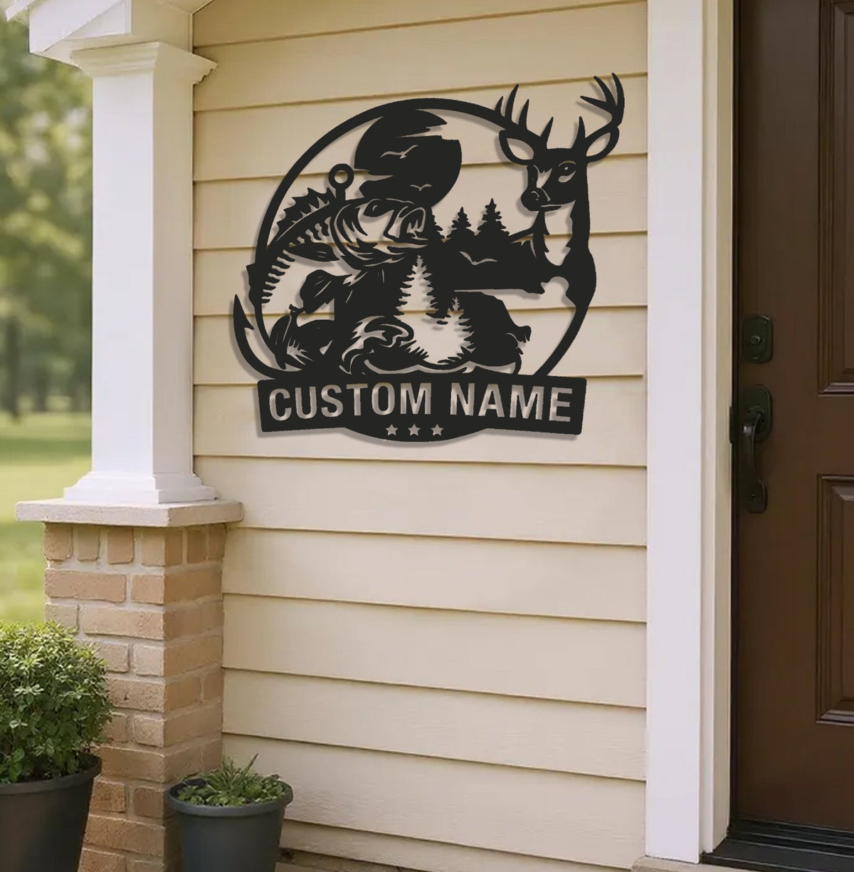Personalized Deer and Fish Hunting Metal Sign WITH LED/WITHOUT LED, Rustic Cabin Wall Decor