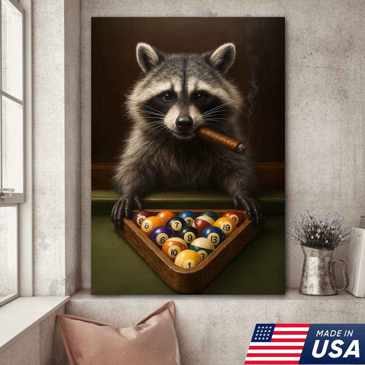 Funny Raccoon Pool Player Canvas – Perfect Gift for Billiards Lovers & Outdoors Men