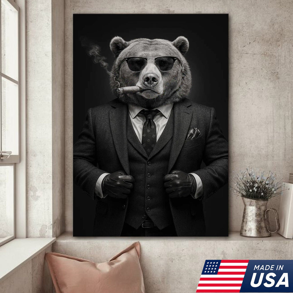 Bear in Suit Canvas Wall Art, Black and White Animal Portrait, Modern Office Decor for Men
