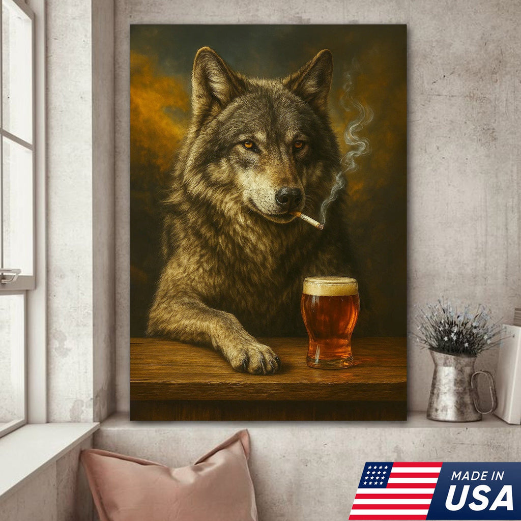 Rustic Gray Wolf Canvas Wall Art – Majestic Wildlife Bar Scene with Beer – Hunting Cabin Decor