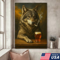 Rustic Gray Wolf Canvas Wall Art – Majestic Wildlife Bar Scene with Beer – Hunting Cabin Decor