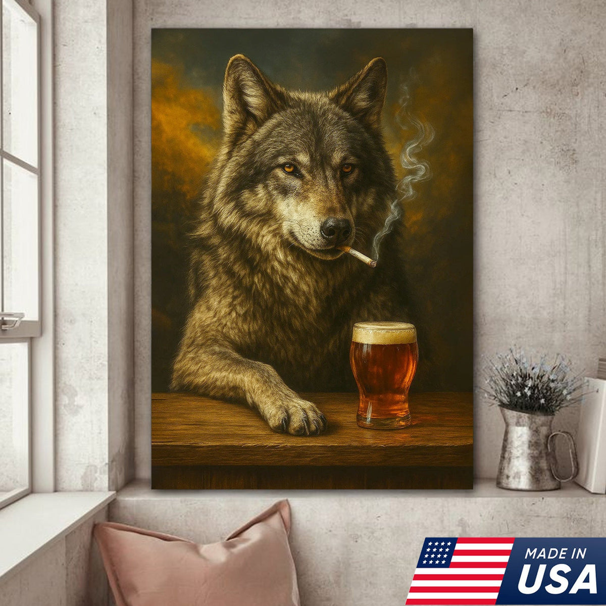 Rustic Gray Wolf Canvas Wall Art – Majestic Wildlife Bar Scene with Beer – Hunting Cabin Decor