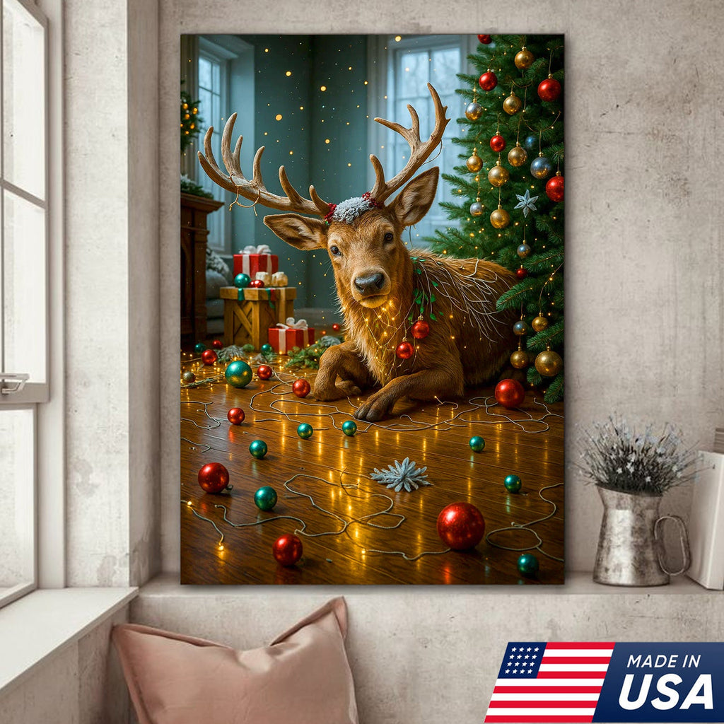 Christmas Reindeer Living Room Canvas Wall Art, Cute Deer With Christmas Tree and Ornaments