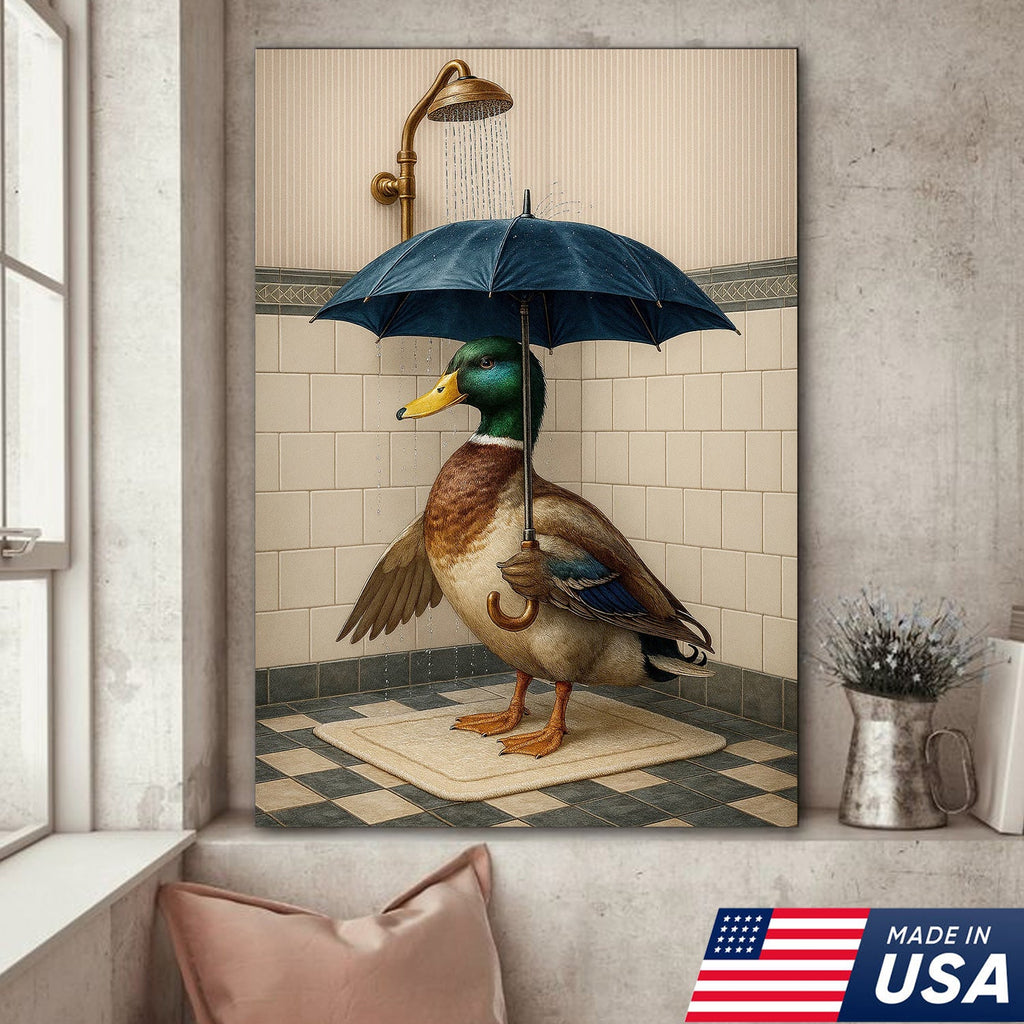 Duck with Umbrella in Shower Canvas Wall Art, Quirky Bathroom Wall Decor