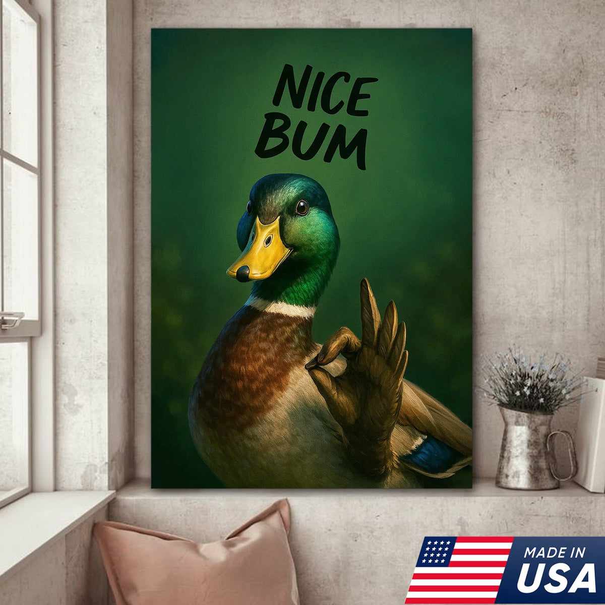 Cheeky Duck Canvas Wall Art – Funny Mallard Humor Print – Playful Rustic Lodge Bathroom Decor
