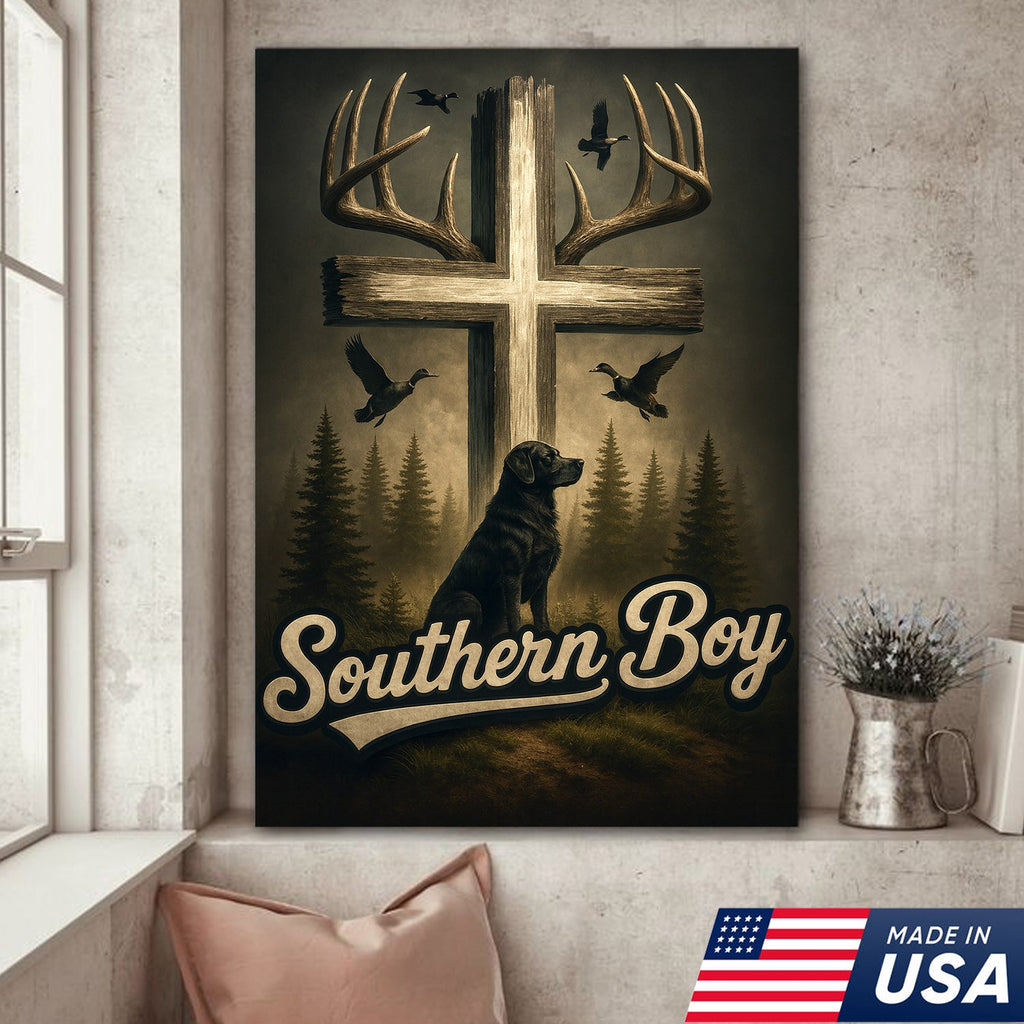 Southern Boy Canvas Wall Art, Deer Antler Cross with Labrador Retriever and Flying Ducks