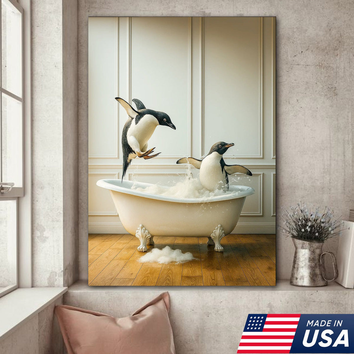 Playful Penguin Bubble Bath Wall Art Canvas, Jumping Penguins in Bathtub Bathroom Decor