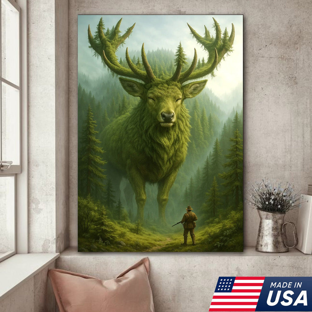 Forest Spirit Deer Wall Art Canvas, Giant Moss Elk with Hunter Fantasy Landscape