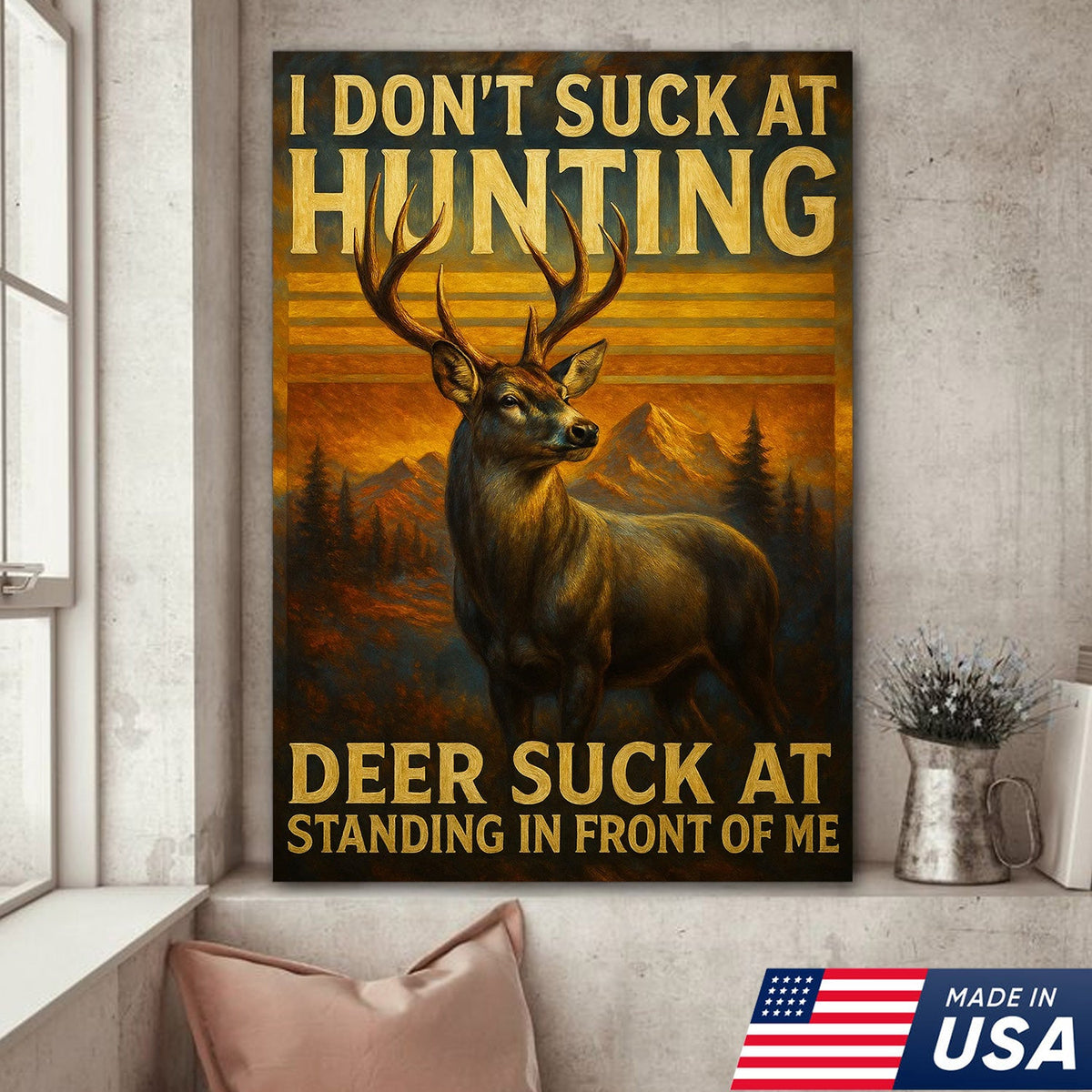 Funny Deer Hunting Canvas Wall Art – Rustic Lodge Decor – Unique Gift for Hunters and Outdoorsmen