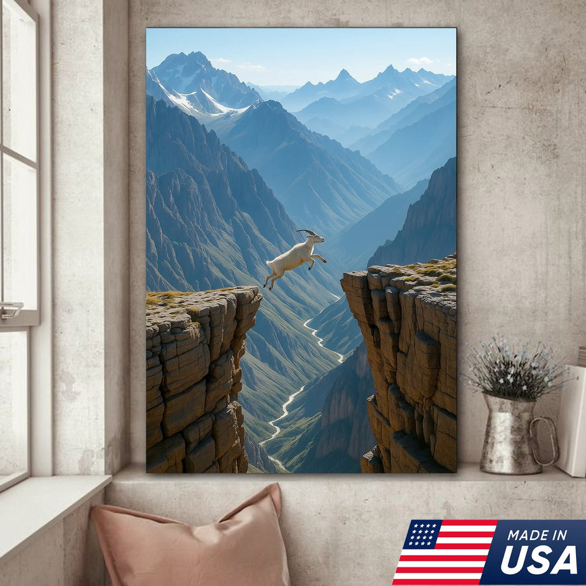 Mountain Goat Cliff Jump Canvas Wall Art, Alpine Canyon Landscape Print