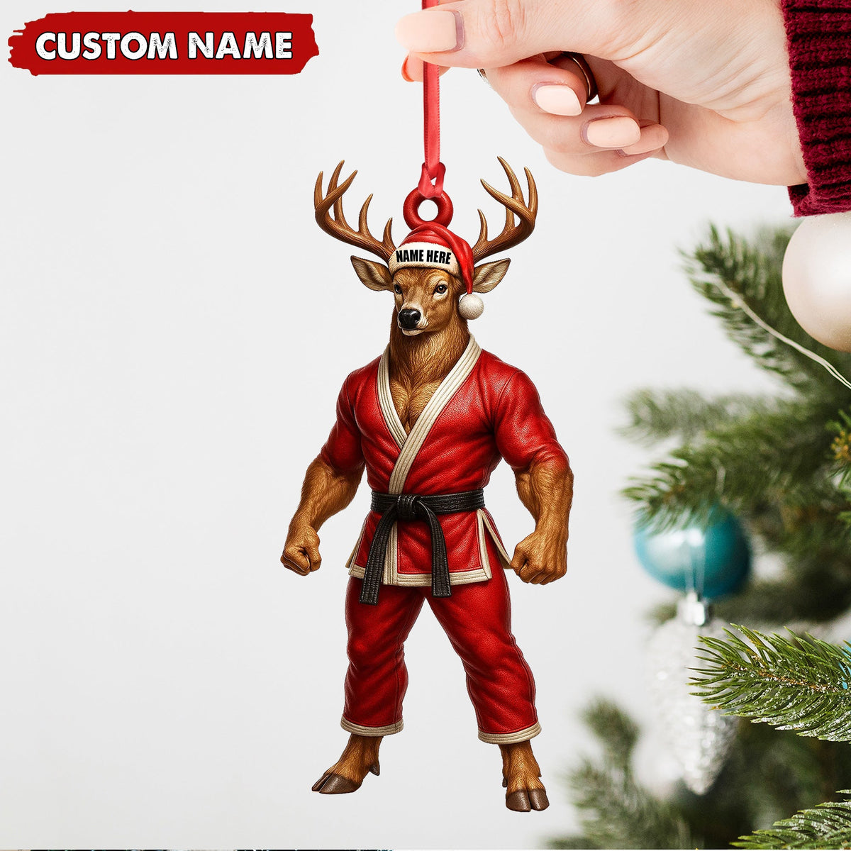 Personalized Karate Deer Ornament, Custom Name Martial Arts Christmas Decoration