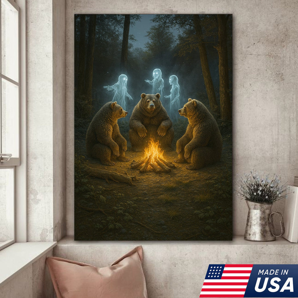 Ghost Bear Campfire Wall Art Canvas – Spooky Forest Spirit Canvas Print for Halloween Decor