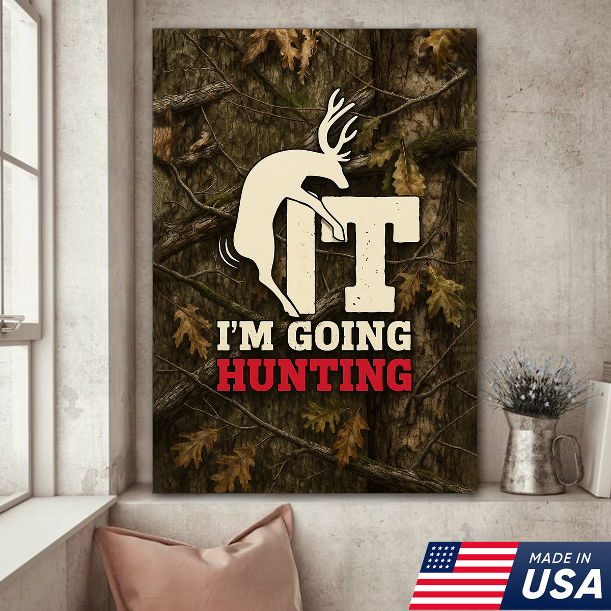 Funny Deer Hunting Canvas Wall Art - Rustic Camo Design for Hunters - Man Cave and Cabin Decor