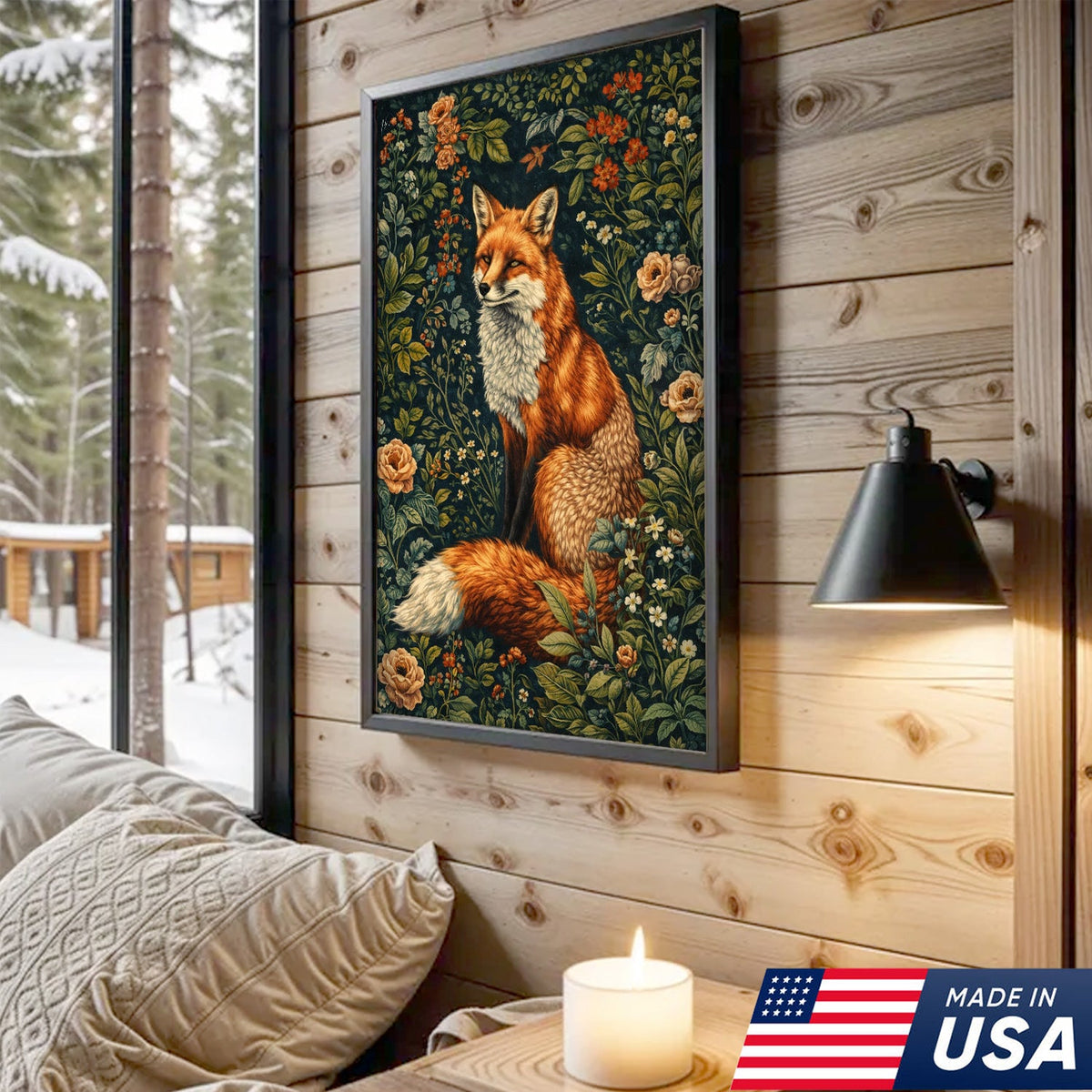 Woodland Floral Animals Triptych Canvas Wall Art Set, Vintage Botanical Fox Rabbit Deer Prints