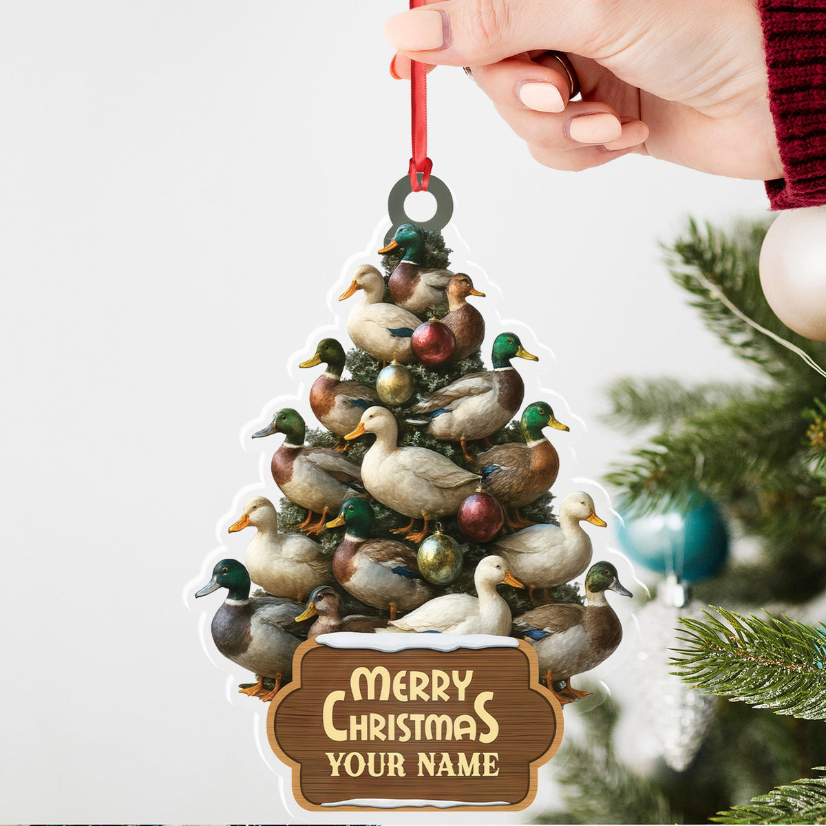 Funny Duck Christmas Tree Acrylic Ornament – Personalized Hunting Gift, Mallard Duck Lover Decoration, Rustic Country Holiday Decor
