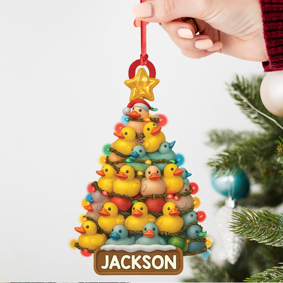 Personalized Funny Rubber Duck Acrylic Christmas Tree Ornament – Custom Name Xmas Decoration for Hunter or Family, Cute Holiday Ornament