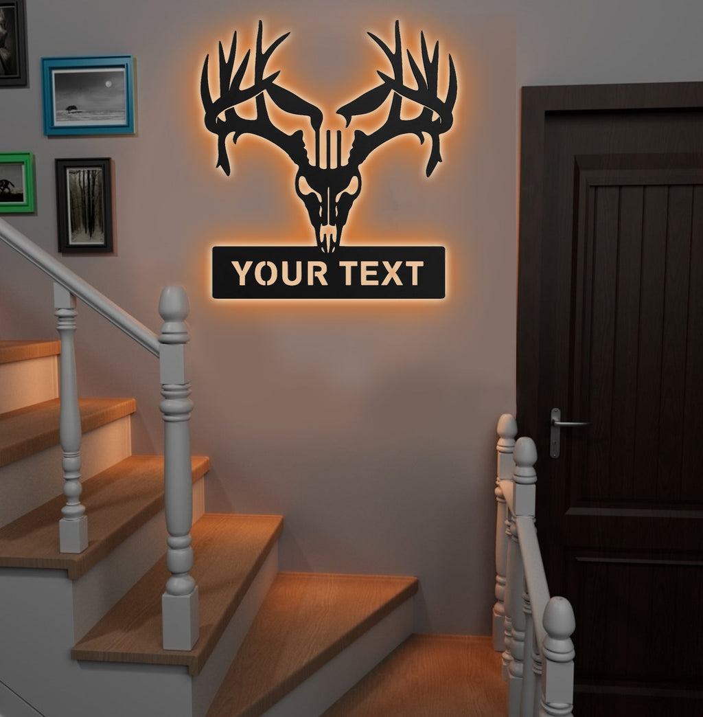 Personalized Deer Skull Metal Sign WITH LED/WITHOUT LED – Rustic Hunting Cabin Wall Decor
