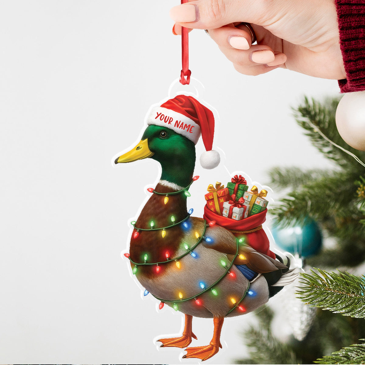 Funny Christmas Duck Acrylic Ornament – Mallard Santa with Lights and Gifts, Personalized Holiday Decoration for Duck Lovers, Unique Hunter Christmas Gift