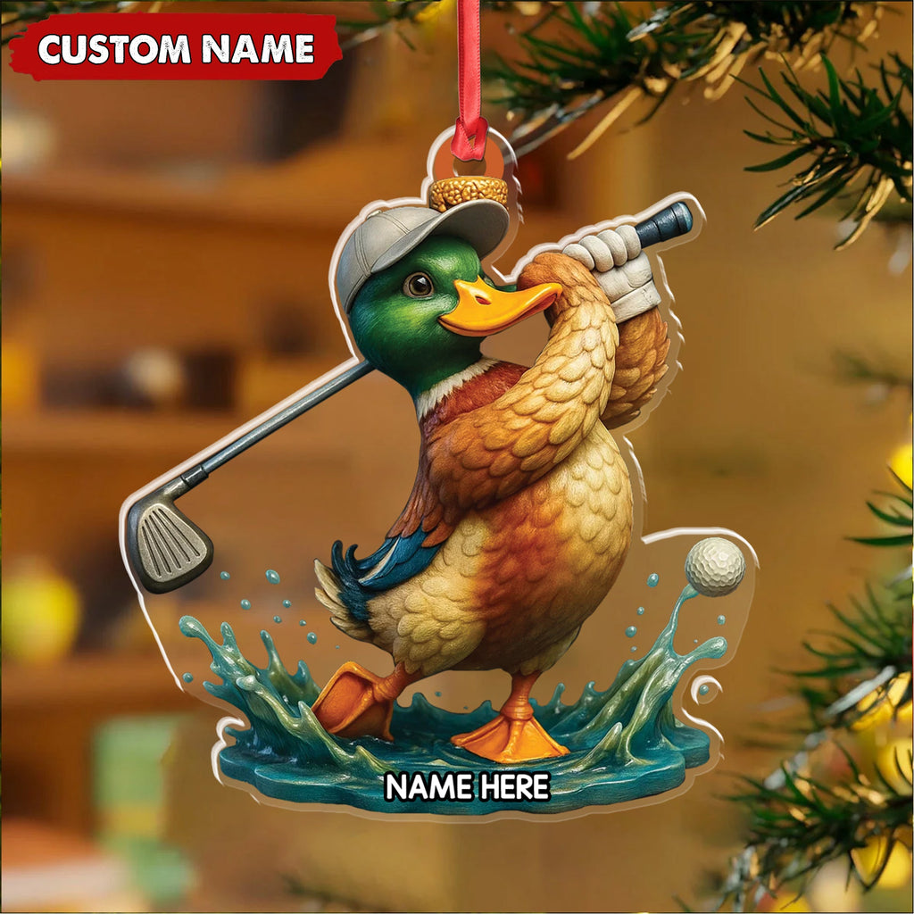 Personalized Acrylic Duck Golf Christmas Ornament – Custom Name Funny Hunter Gift for Golf Lovers