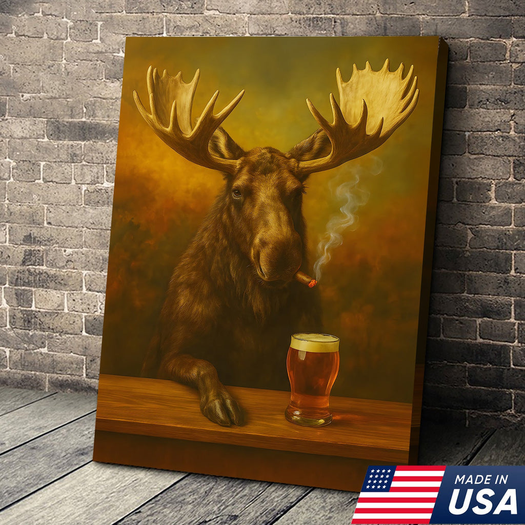 Moose Smoking & Drinking Canvas - Rustic Bar Wall Art Hunting Lodge & Man Cave Decor