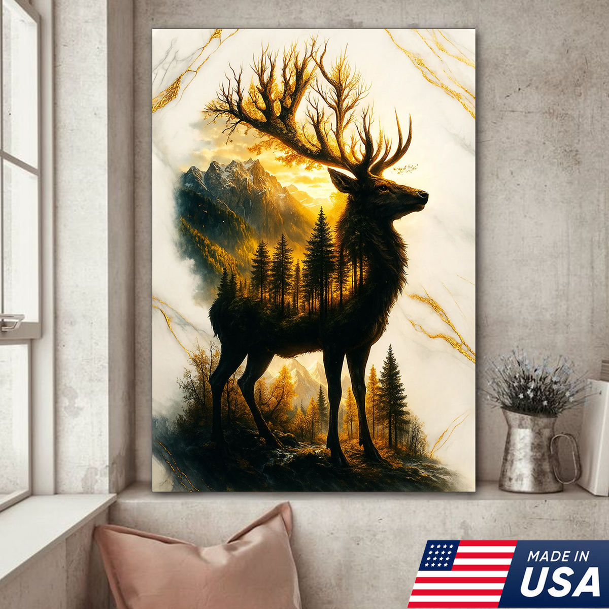 Majestic Deer Canvas Wall Art – Rustic Wildlife Decor, Forest Landscape within Buck Silhouette